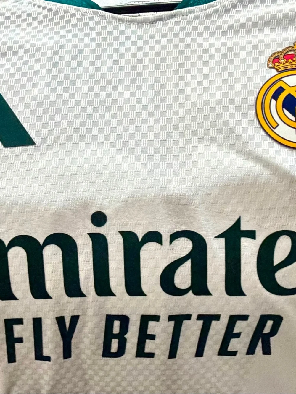 Real Madrid White Soccer Jersey with Maroon and Dark Green player version